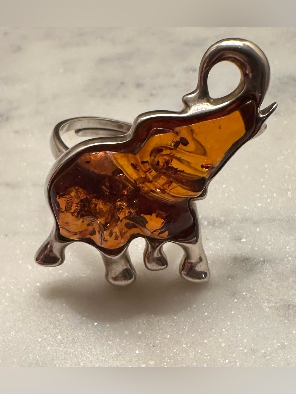 Unique Silver Amber Elephant Ring - Carved Amber Inlay .925 Adjustable Ring